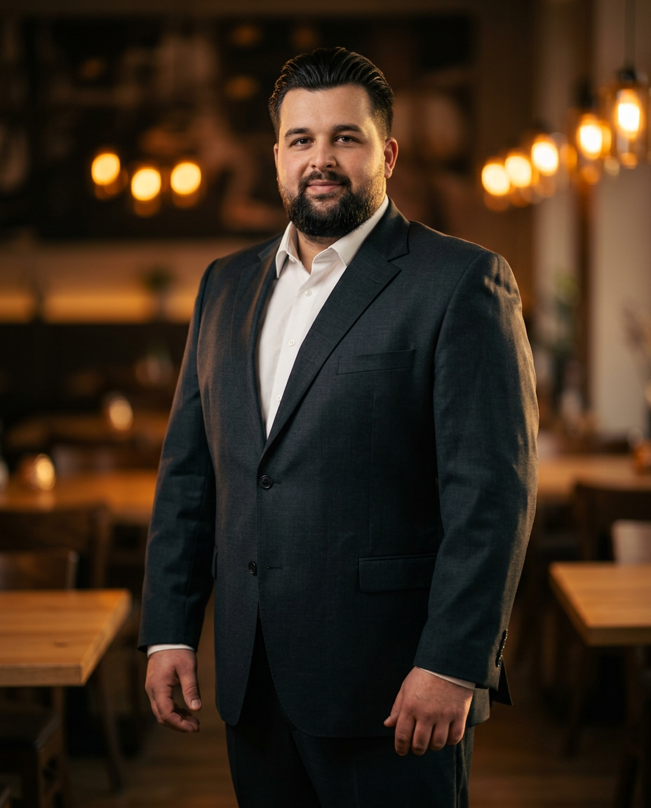 Carmelo Rome, Gastro-Coach, im dunklen Anzug in einem Restaurant