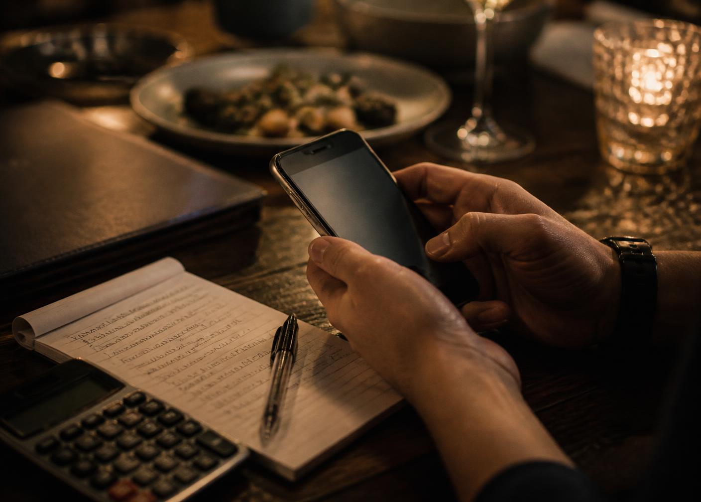 Gastronom prüft am Abend Zahlen und Nachrichten auf dem Smartphone