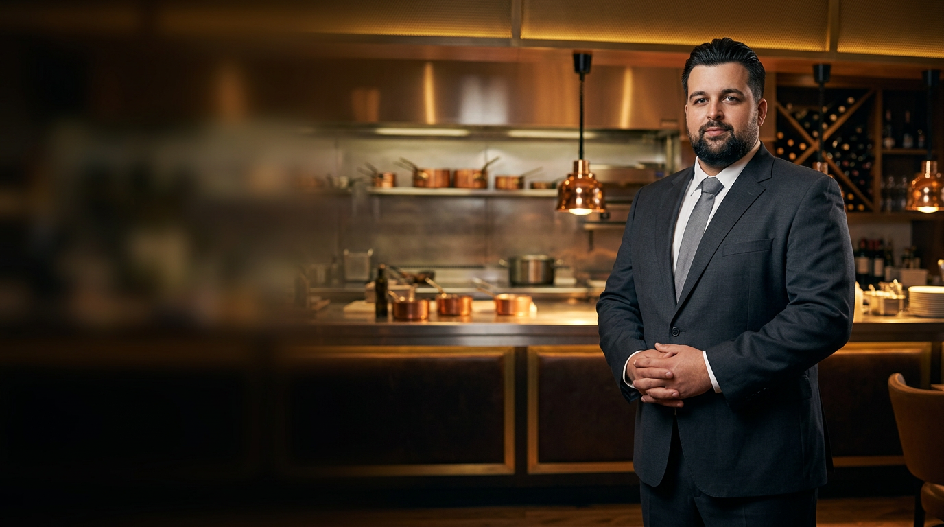 Carmelo Rome im dunklen Anzug in einer Restaurantküche